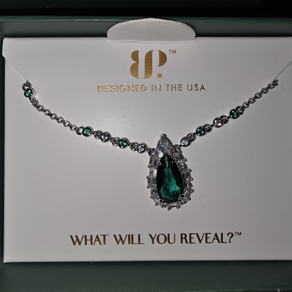 bp Silver-Tone Teardrop Emerald Green Pendant Necklace